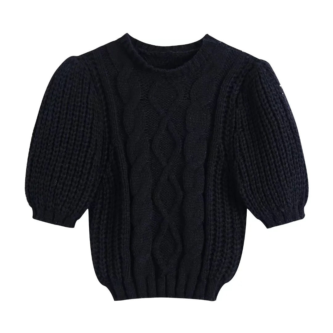 Winter New Style Simple Gentle Round Neck Bubble Sleeve Fried Dough Twist Solid Color Knitwear Women - Mammalook