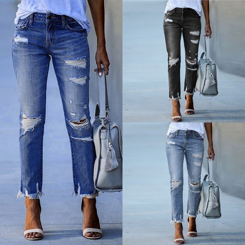New Pencil Pants Ripped Slim Fit High Waist Vintage Streetwear Casual Fashion Stretch Blue Jeans Woman - Mammalook