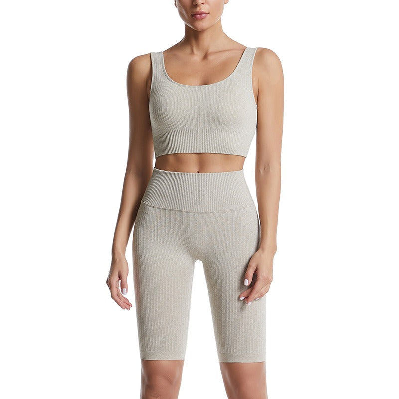 Threaded Yoga Suit Sportswear Summer Short-Sleeved Shorts Bra Tight-Fitting Clothes - Mammalook