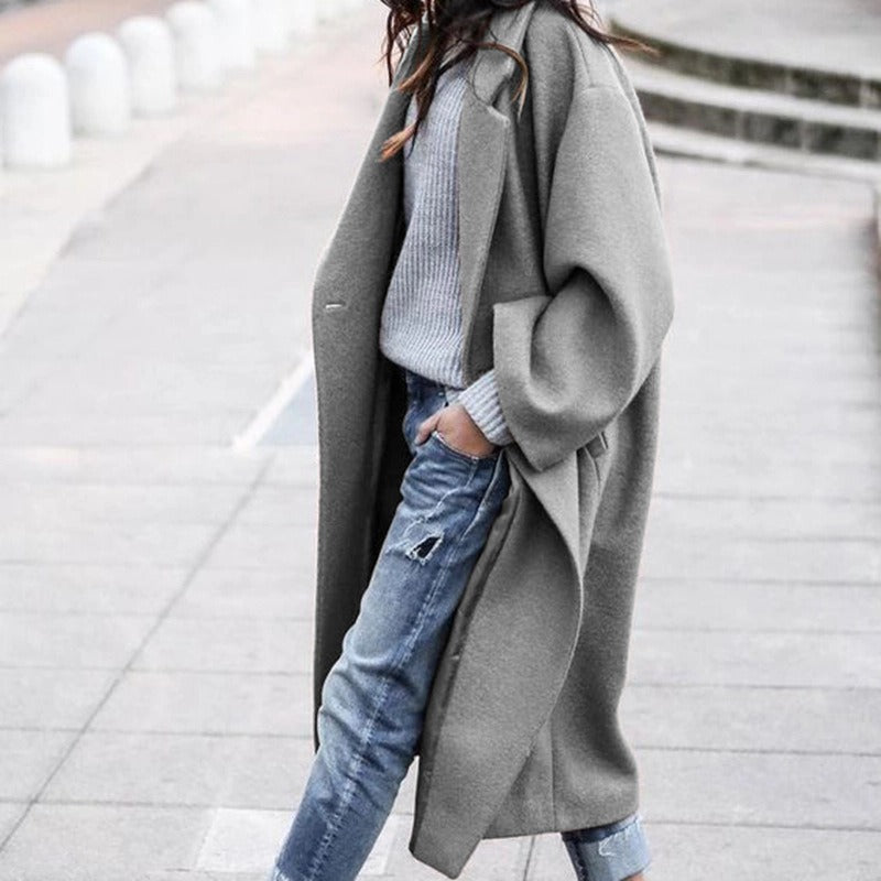 Women's Casual Long Solid Color Woollen Jacket - Mammalook