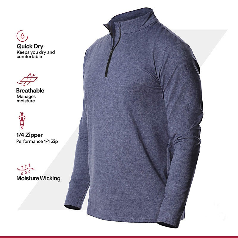 Men's Long Sleeve Fast Drying Sports Running Pullover Half Zipper Solid Color Breathable T-Shirt - Mammalook