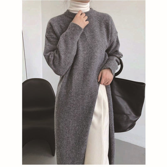 Women's Autumn New Dress O-neck Long Sleeve Loose Knitted Irregular High Split Pullover Sweater Dresses - Mammalook