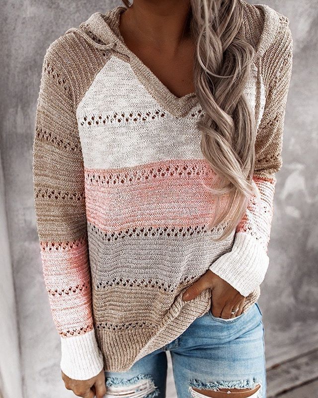 Autumn Winter Sweaters Women Hollow Long Sleeve Sweater Hoodie Tops V Neck Patchwork Casual Knitted Elegant Pullover Jumper - Mammalook