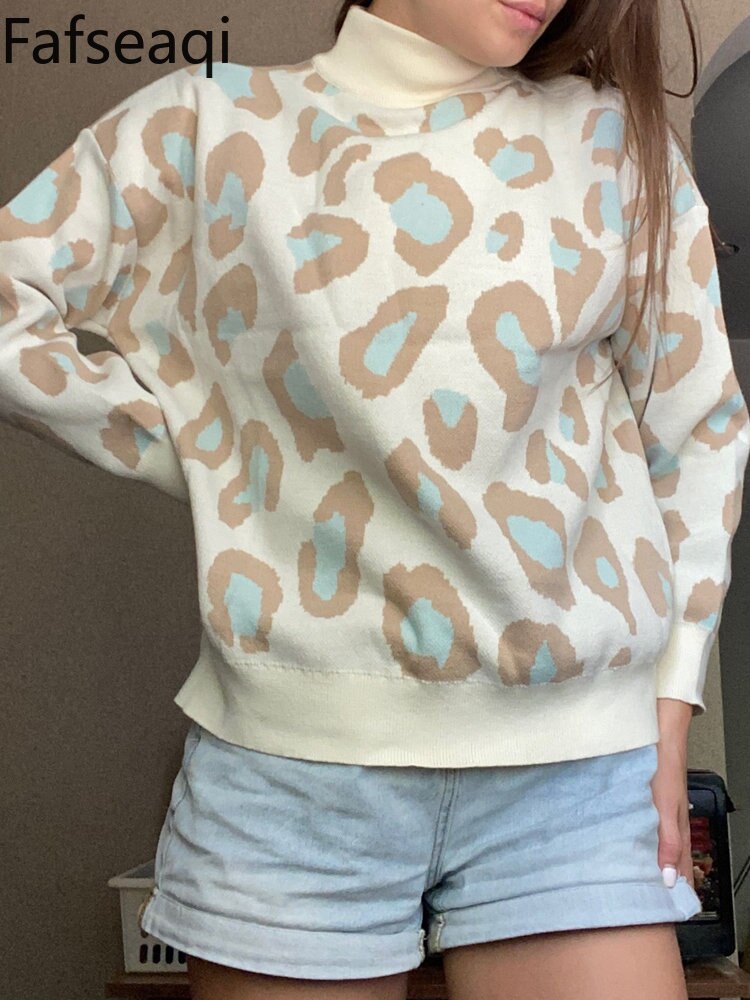 Winter Women's Sweater Leopard Print Animal Basic Thick Turtleneck Oversize Jumper Sotf Warm Knitted Sweaters for Womens - Mammalook