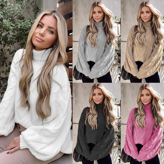 Winter Women's Horn Sleeve Sleeve Sleeved Sweater Europe and America Large Size High Neck Fried Dough Twists Sweater - Mammalook