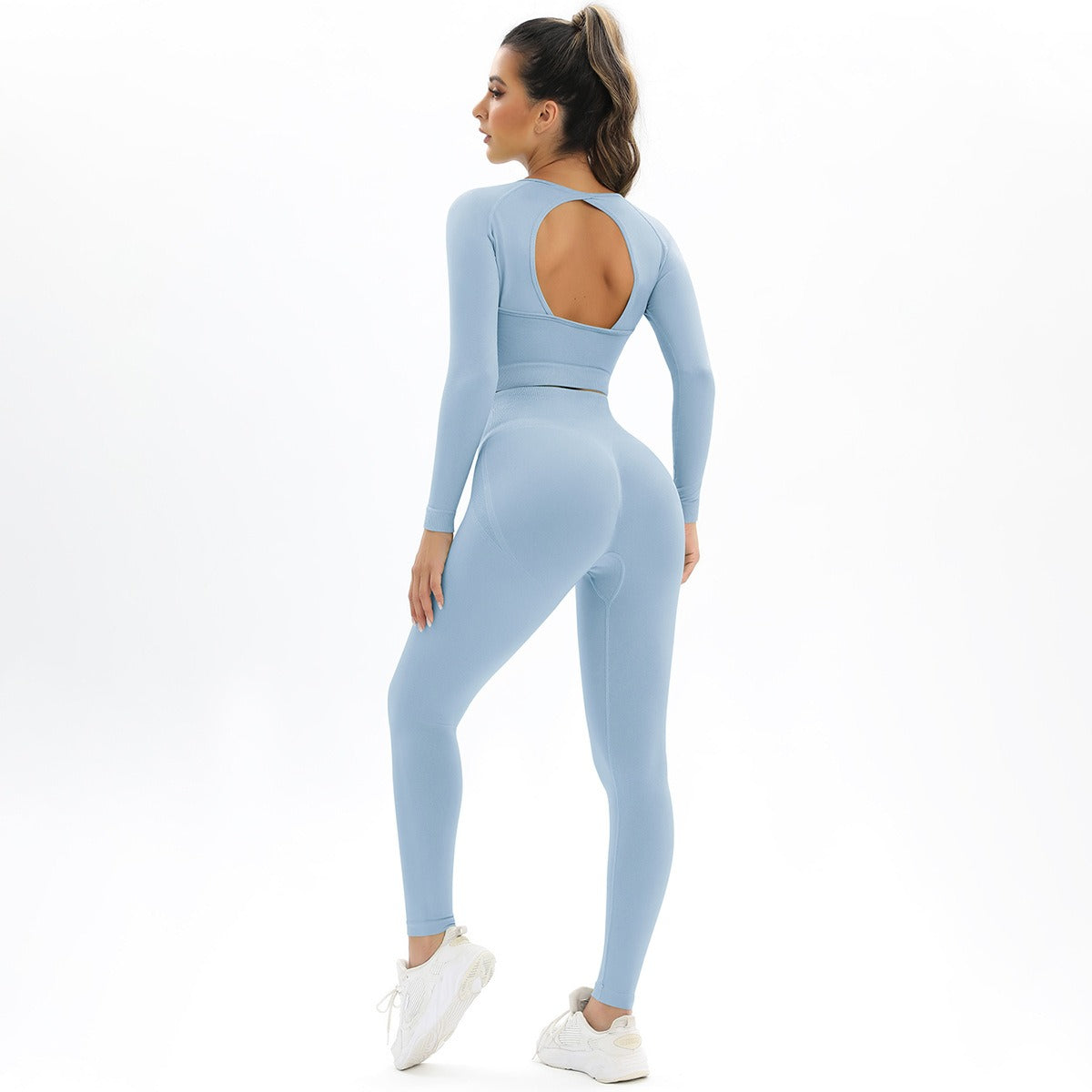 Peach Seamless Knitting Backless High Elastic Long Sleeve Yoga Suit Sports Running Fitness Two-Piece Set For Women - Mammalook