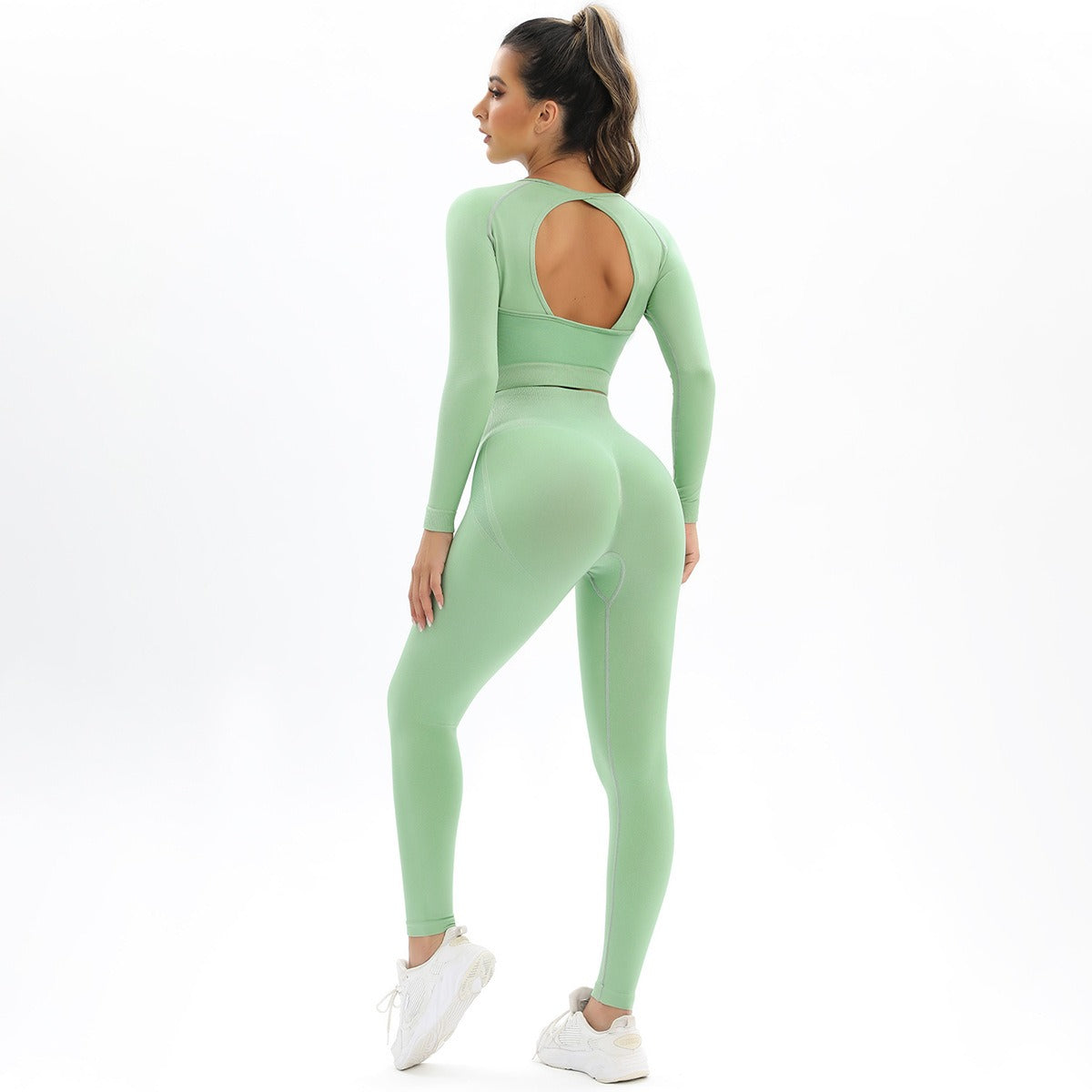 Peach Seamless Knitting Backless High Elastic Long Sleeve Yoga Suit Sports Running Fitness Two-Piece Set For Women - Mammalook