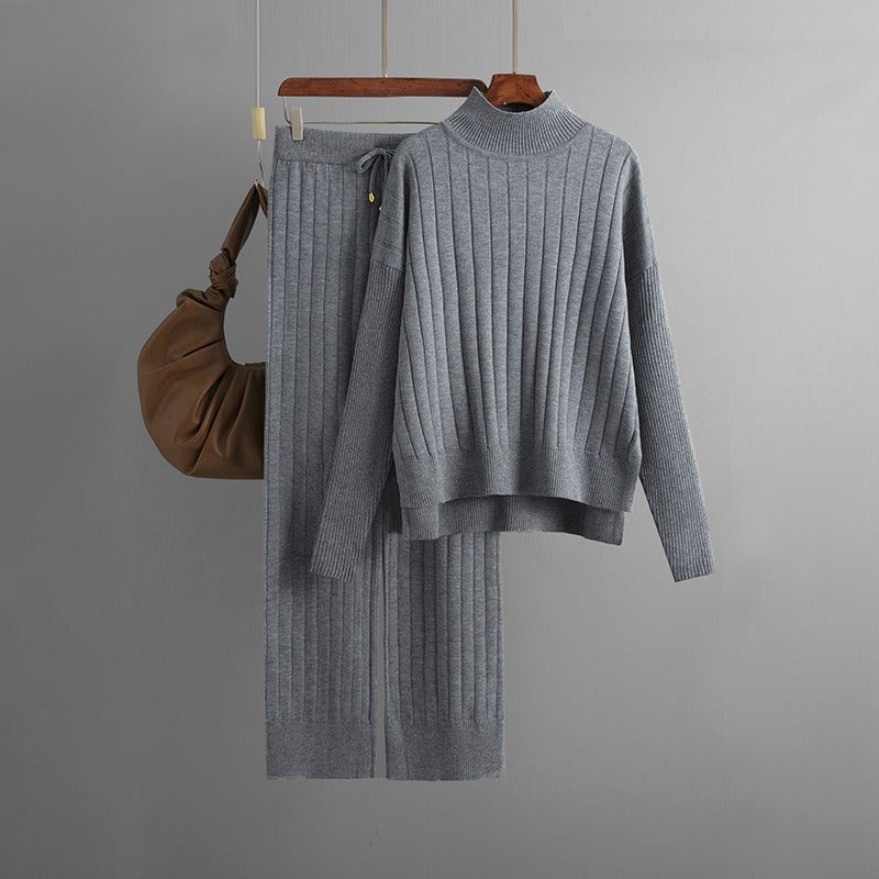 New Autumn and Winter Hollow Half Turtleneck Sweater Set Solid Color Loose Warm Pullover Two-piece Set - Mammalook