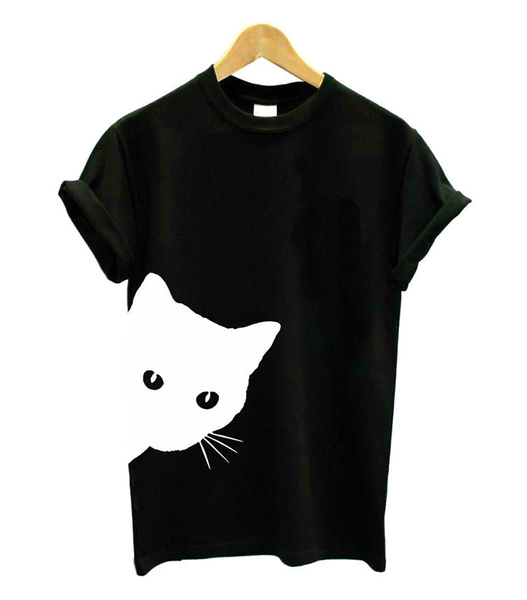 Cat Looking Out Side Funny T-Shirt Women's Cotton Casual Top Tee - Mammalook