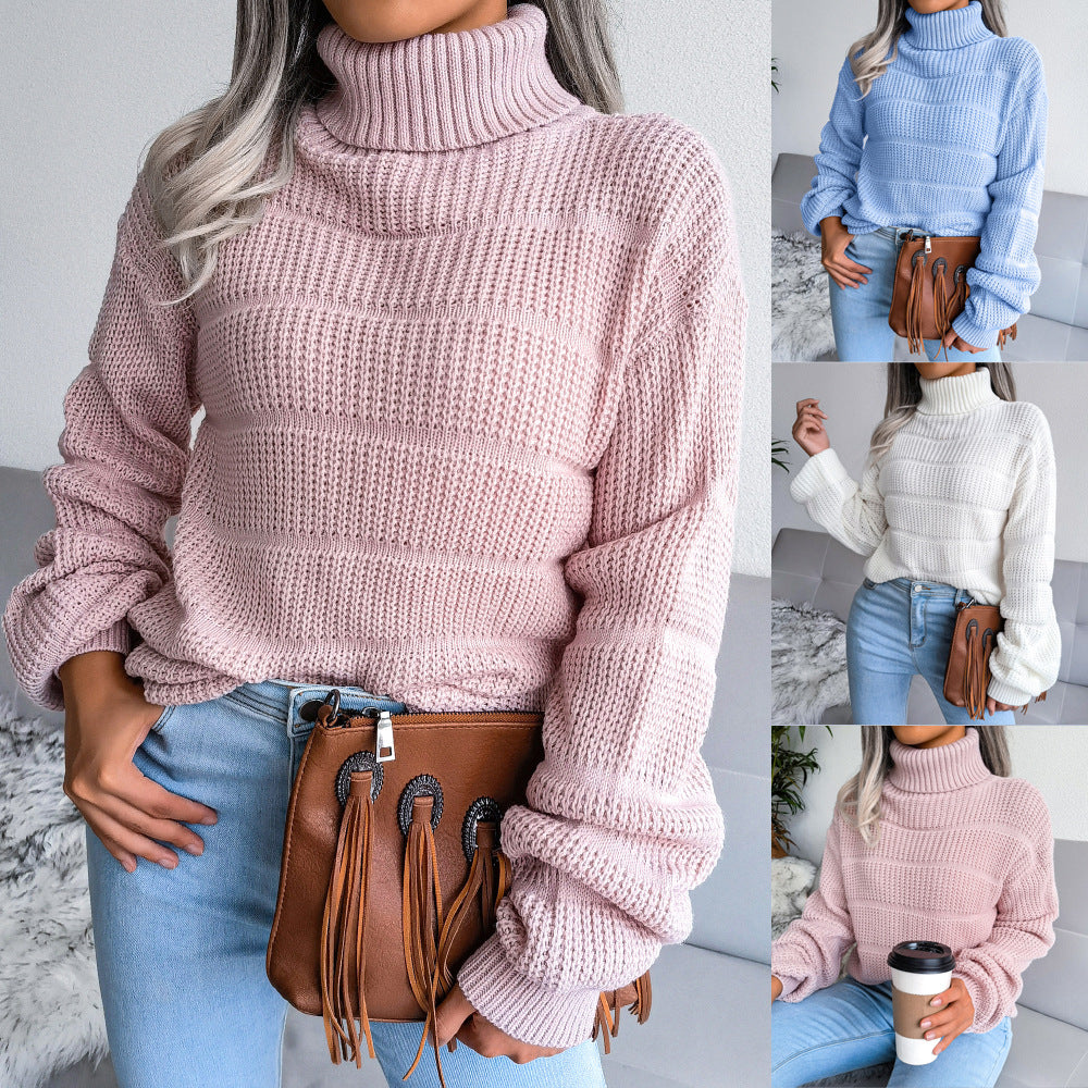 High Neck Long Sleeve Hollow Casual Knitted Sweater - Mammalook