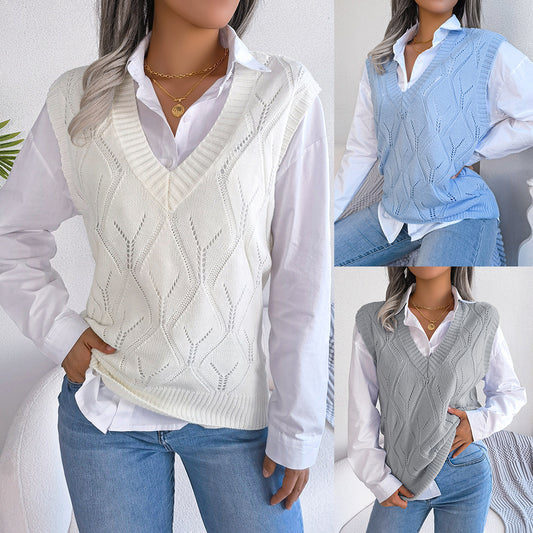 Street Style Hollow Diamond V-Neck Knitted Vest Sweater - Mammalook