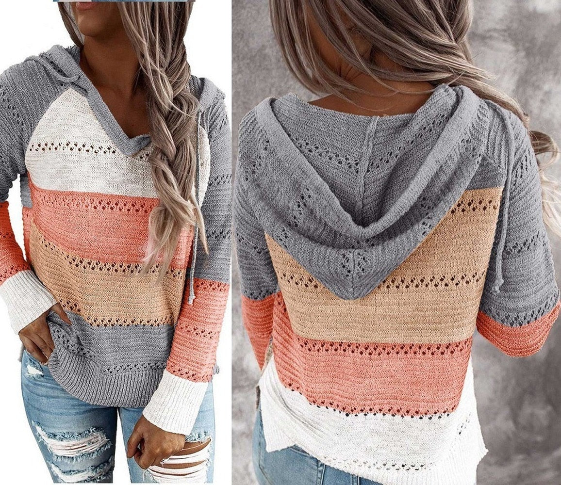 Autumn Winter Sweaters Women Hollow Long Sleeve Sweater Hoodie Tops V Neck Patchwork Casual Knitted Elegant Pullover Jumper - Mammalook