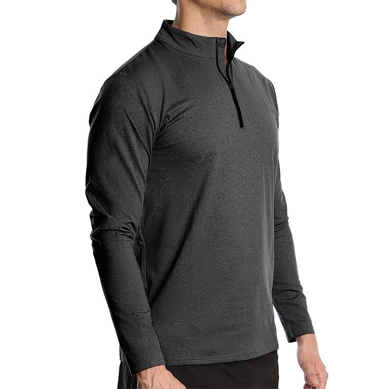Men's Long Sleeve Fast Drying Sports Running Pullover Half Zipper Solid Color Breathable T-Shirt - Mammalook