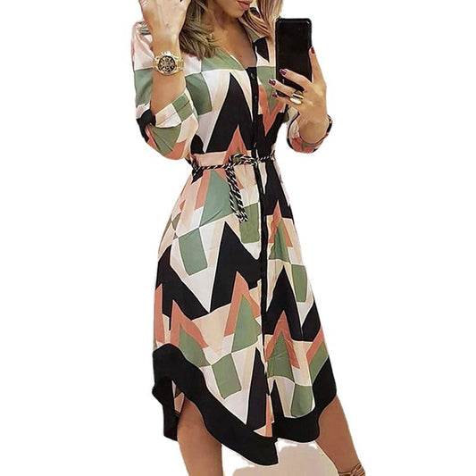 Mid length skirt printed plaid lapel tie up dress - Mammalook