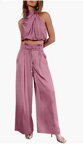 Two-piece set - sleeveless collar exposed top, wide leg pants