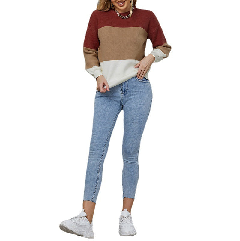 Autumn Women's New Fashion Color Contrast Splice Slim Round Neck Long Sleeve Slim Knitted Sweater - Mammalook