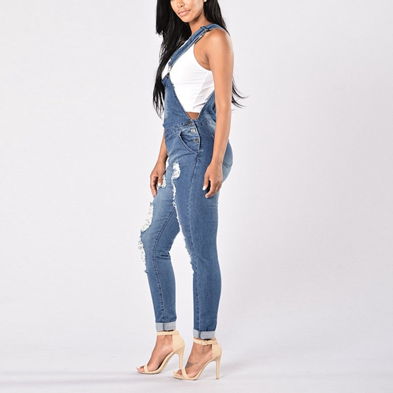 Women Overalls Cool Denim Jumpsuit Ripped Holes Casual Jeans Sleeveless Jumpsuits - Mammalook