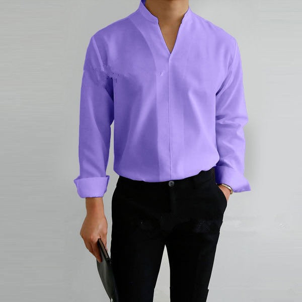 Shirt Men's Standing Collar Solid Color Fit Men's Shirt All Seasons - Mammalook