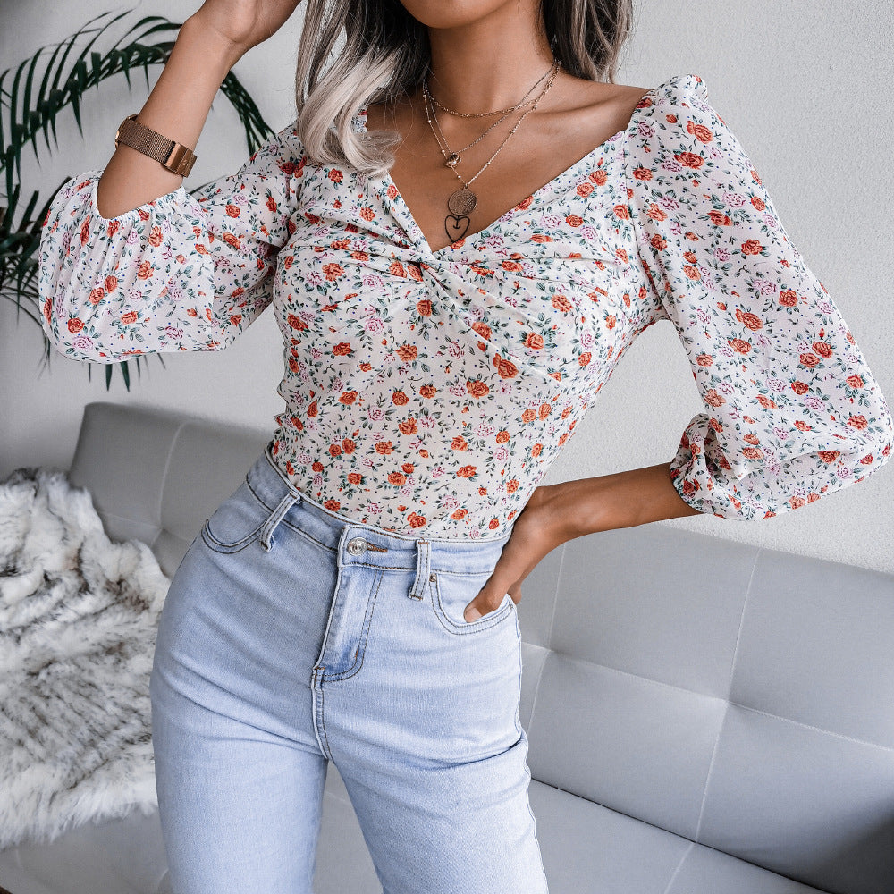 Ins Style Live Shot Autumn And Winter New Sexy V-Neck Knotted Floral Chiffon Shirt Top - Mammalook