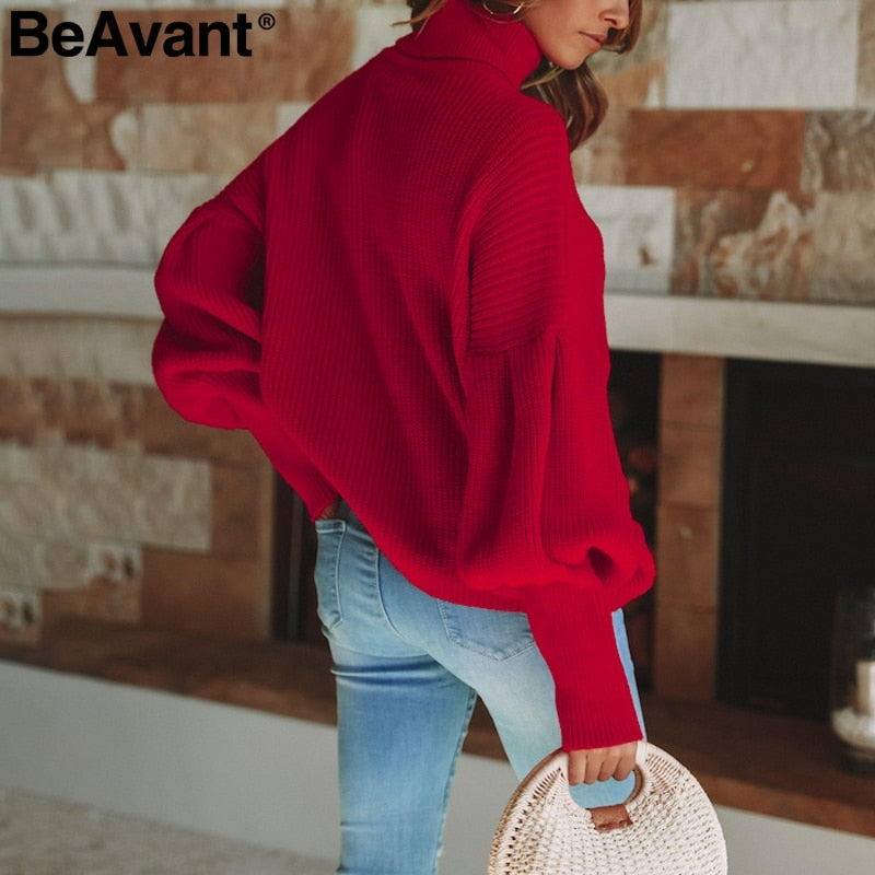 Turtleneck red winter sweater women knit Lantern sleeve white sweater female Loose oversized pullover knitted jumper - Mammalook