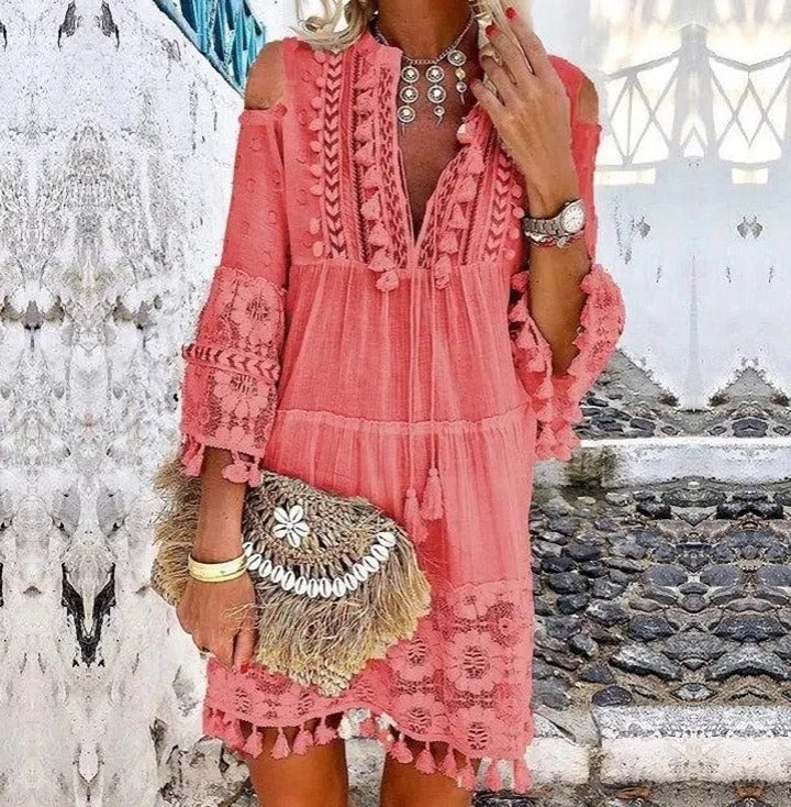 Boho Lace Tassel V-Neck Dress