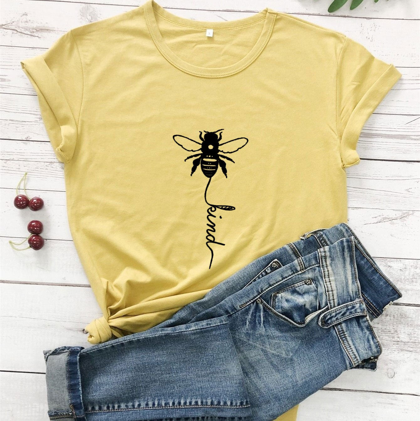 Cotton T Shirt Bee Kind Print Women Short Sleeve O Neck Loose Tshirt Summer Tee Shirt Tops - Mammalook