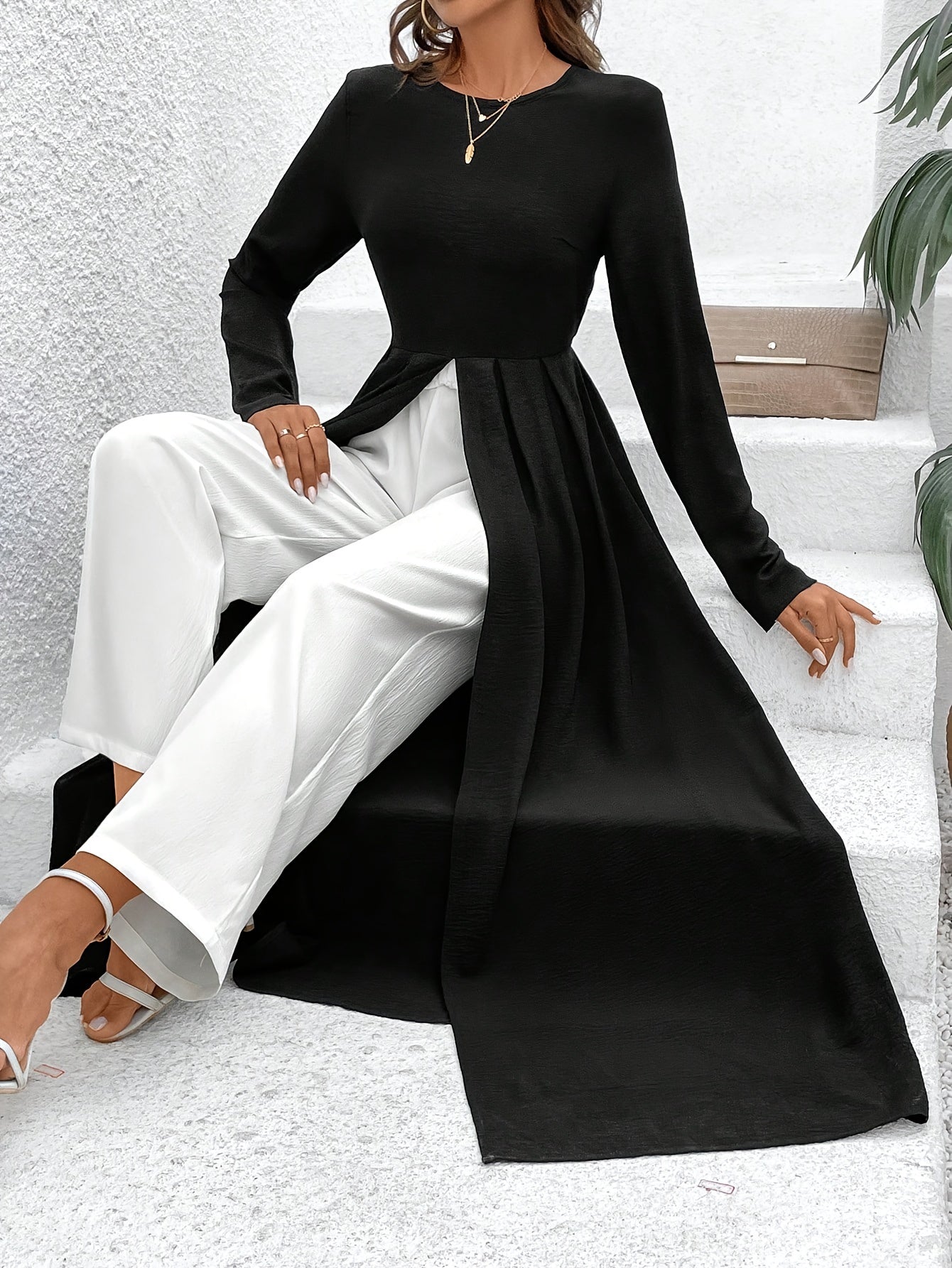 Elegant Color Block Pants Set, Long Sleeve Crew Neck Split Hem Ankle Length Top & Wide Leg Pants Outfits, Women's Clothing - Mammalook