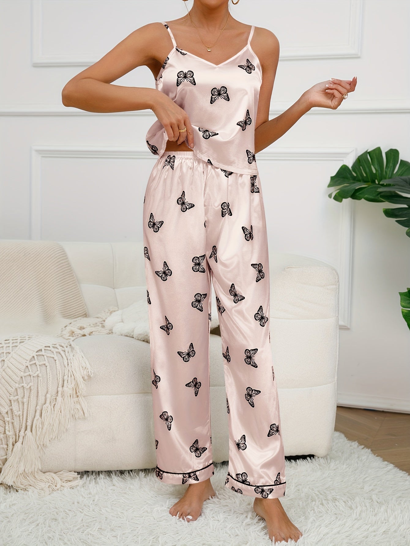 Butterfly Print Pajama Set, V Neck Cami Top & Elastic Waistband Pants, Women's Sleepwear & Loungewear - Mammalook