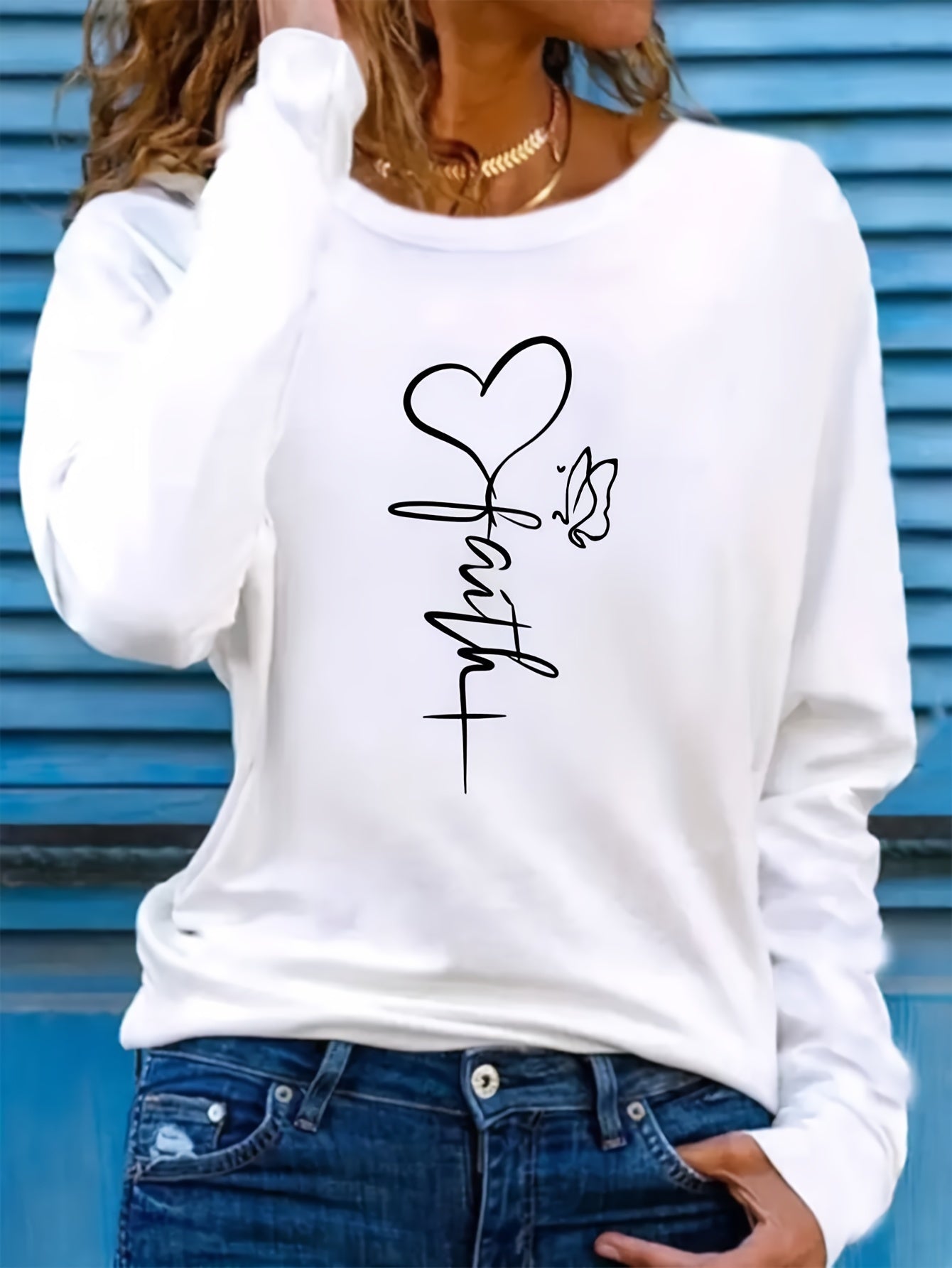 Butterfly & Heart Print Crew Neck T-Shirt, Casual Long Sleeve T-Shirt For Spring & Fall, Women's Clothing - Mammalook