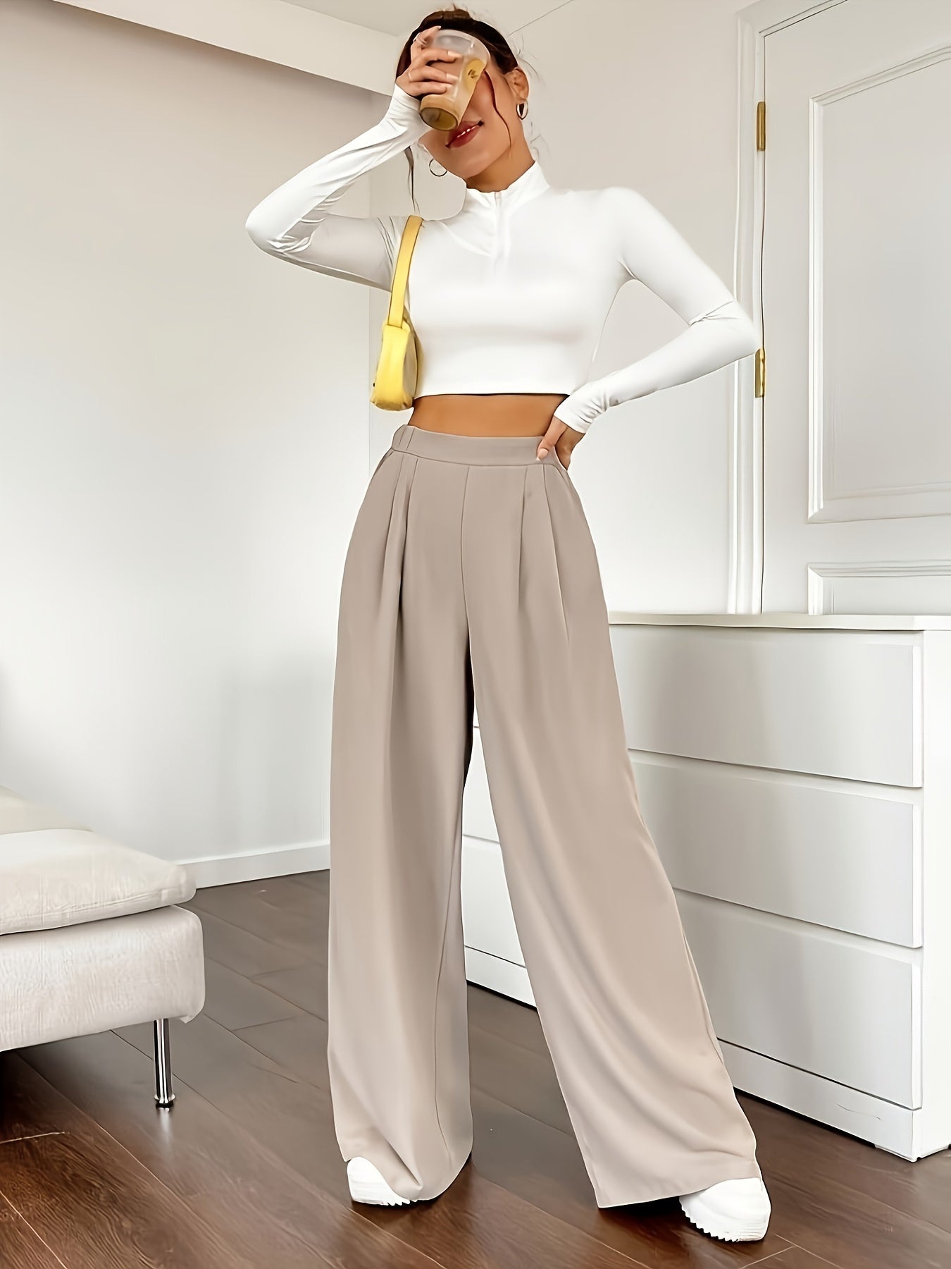 Solid Color High Waist Pants, Elegant Dual Pockets Wide Leg Pants For Spring & Summer, Women's Clothing - Mammalook