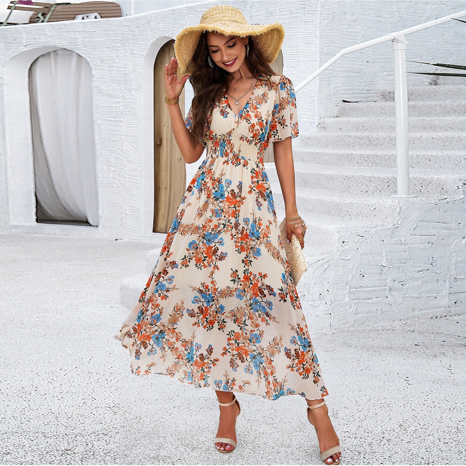 Women's spring/summer style print waist short sleeve dress - Mammalook