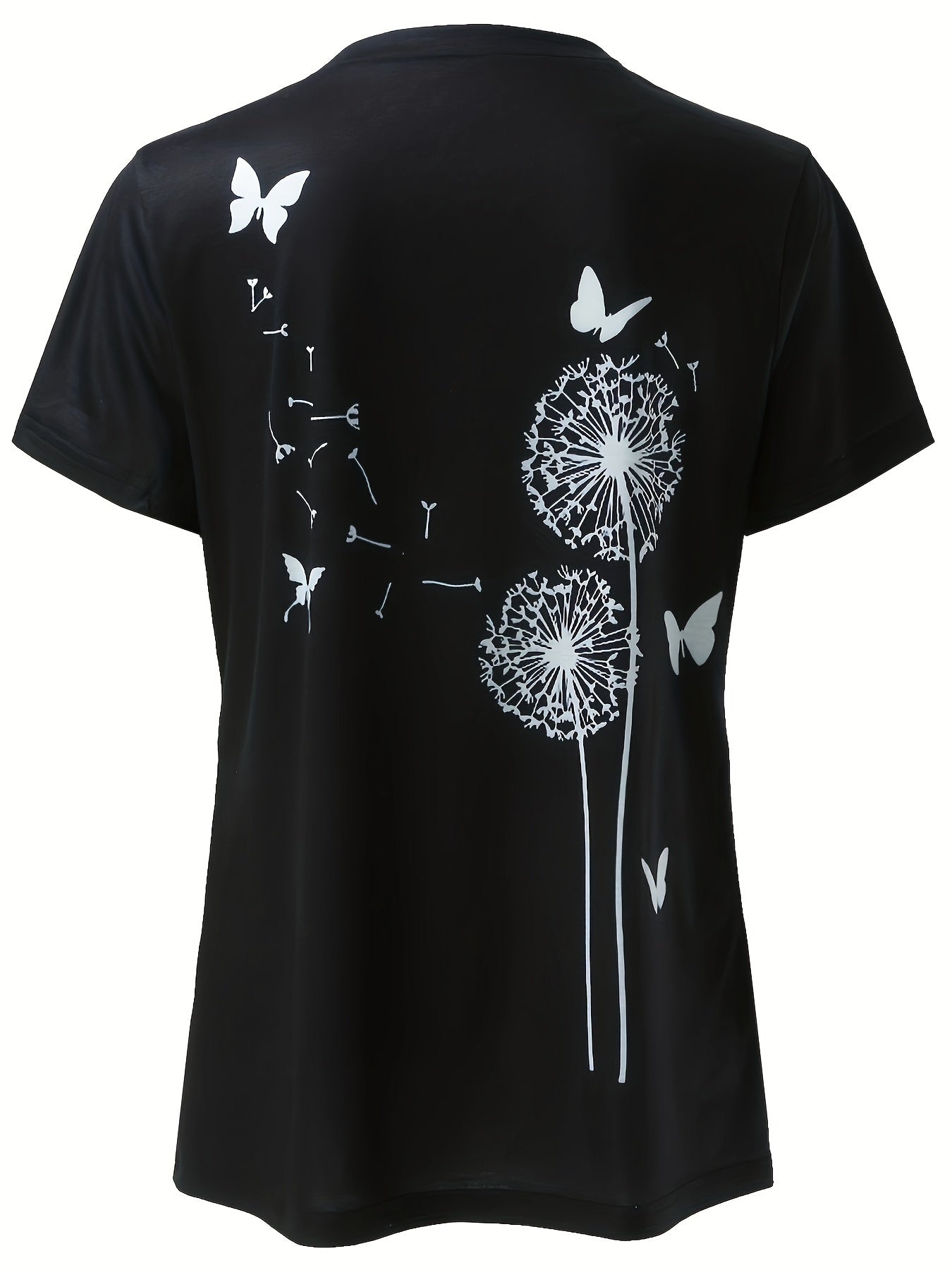 Dandelion & Butterfly Print T-Shirt, Casual Crew Neck Short Sleeve Top For Spring & Summer, Women's Clothing - Mammalook