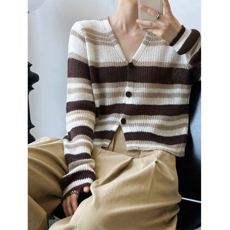 Blue Striped Thin Knitting Cardigan Sweater Loose Fit V-Neck Long Sleeve Women New Fashion Trend Autumn Winter - Mammalook