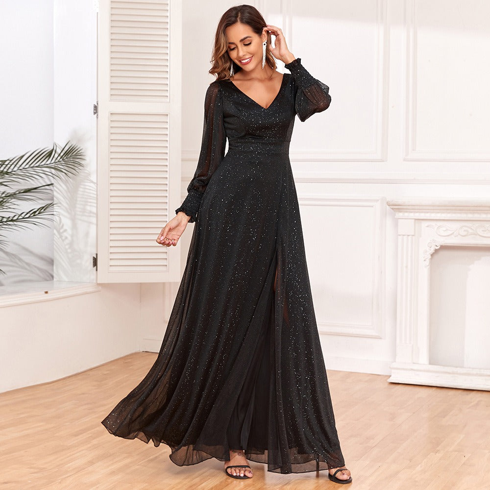 Trendy Luxury Evening Dresses Tulle Long Sleeve V-neck Split A-line Lined prom dresses Shiny Black Bridesmaid Dresses - Mammalook