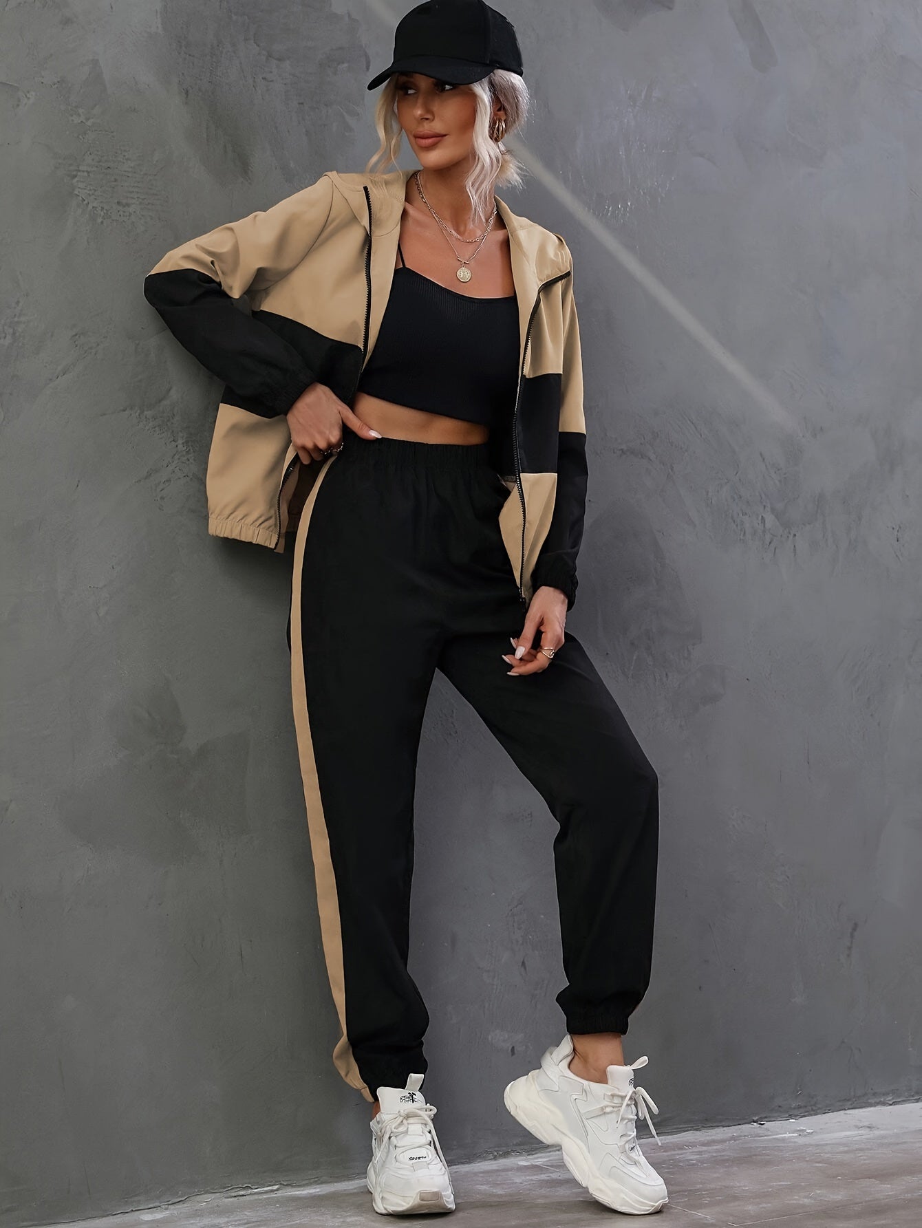 Color Block Stylish Set, Hooded Long Sleeve Zipped Jacket & Fitted Bottom Pants, Women's Clothing - Mammalook