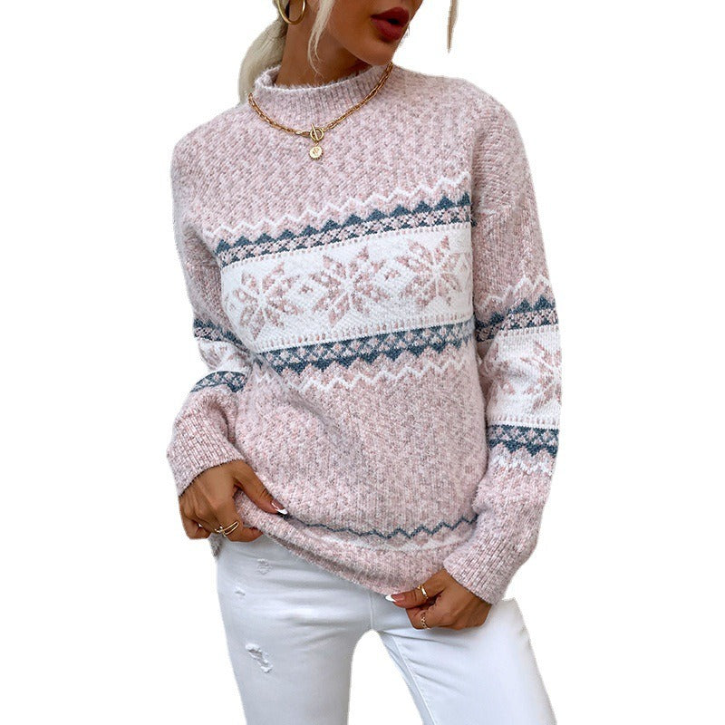 Christmas Knitwear Autumn And Winter New Semi High Collar Snowflake Sweater Women - Mammalook