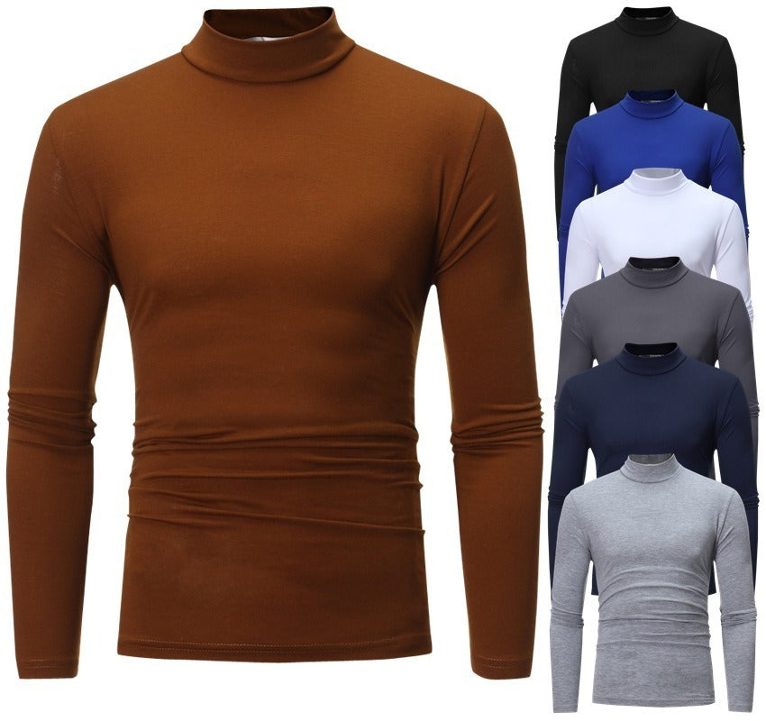 New Autumn And Winter Men's Casual Solid Color High Collar Men's Slim Long Sleeved T-Shirt Bottoming Shirt - Mammalook