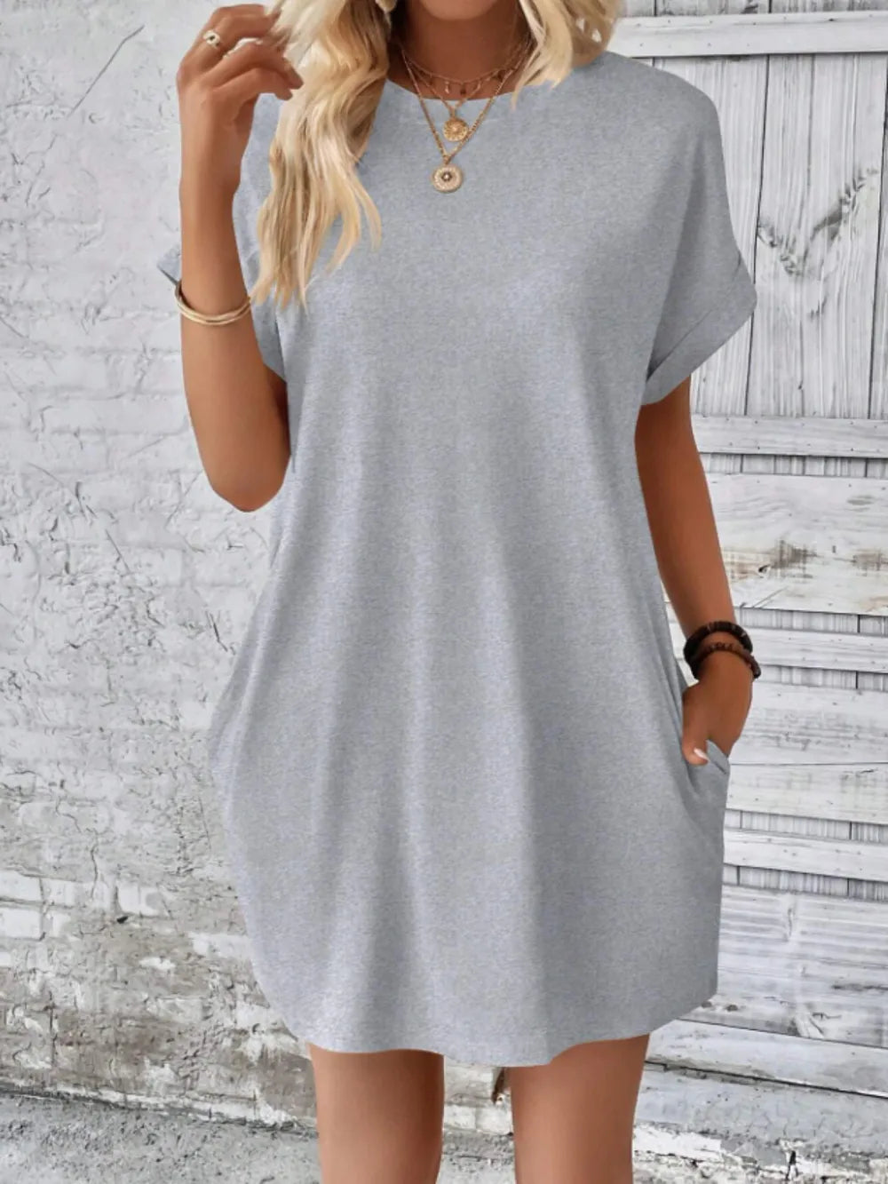 Women's outer round neck pocket short sleeved dress