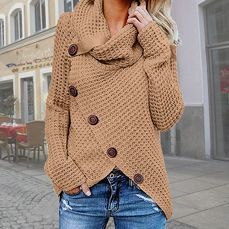 Women Turtleneck Knitted Sweaters Autumn Winter Solid Irregular Hem Long Sleeve Pullover Jumper Fashion Button Loose Sweater - Mammalook