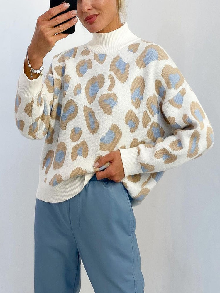 Winter Women's Sweater Leopard Print Animal Basic Thick Turtleneck Oversize Jumper Sotf Warm Knitted Sweaters for Womens - Mammalook