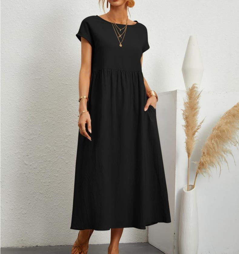 Solid color sleeveless loose pocket cotton linen dress - Mammalook