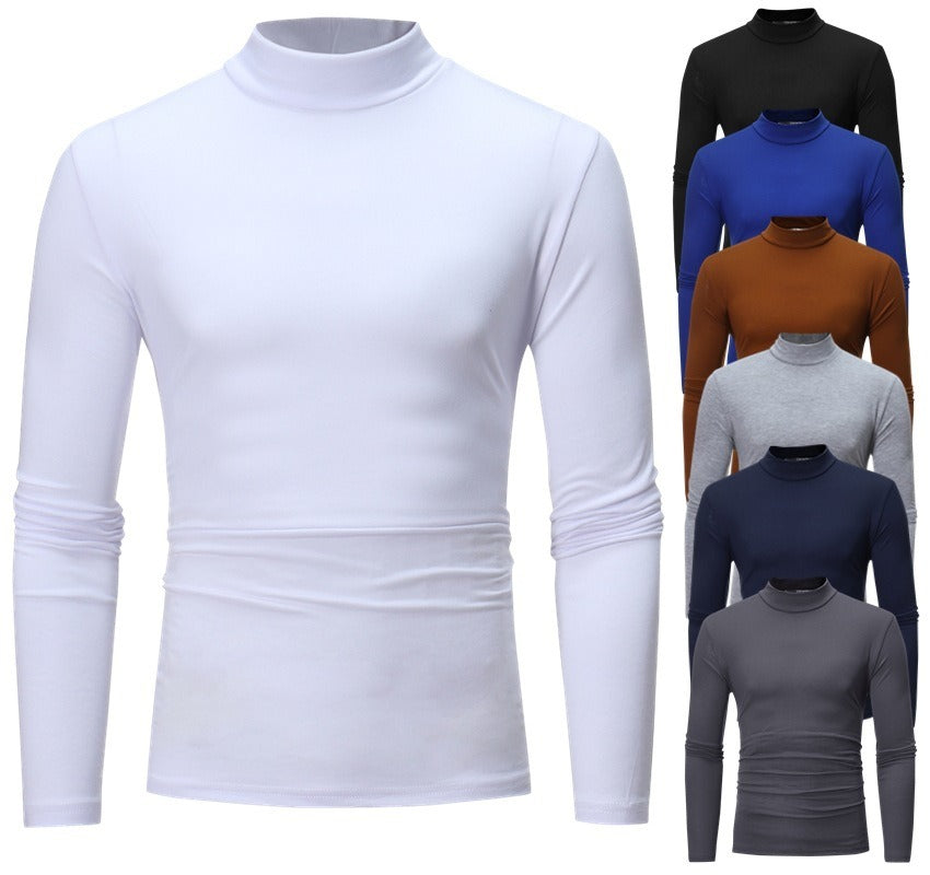 New Autumn And Winter Men's Casual Solid Color High Collar Men's Slim Long Sleeved T-Shirt Bottoming Shirt - Mammalook
