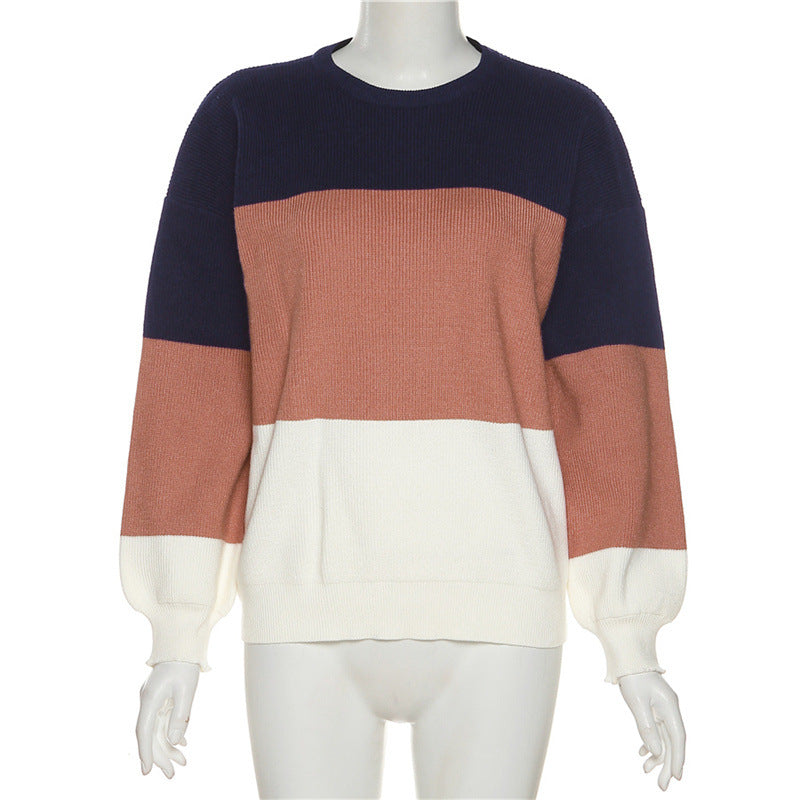 Autumn Women's New Fashion Color Contrast Splice Slim Round Neck Long Sleeve Slim Knitted Sweater - Mammalook