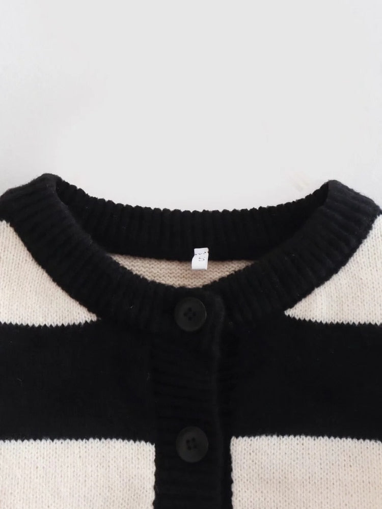 Women Black White Striped Knitted Sweater Summer Female Long Sleeve Pullover Casual Lady Crop Tops - Mammalook