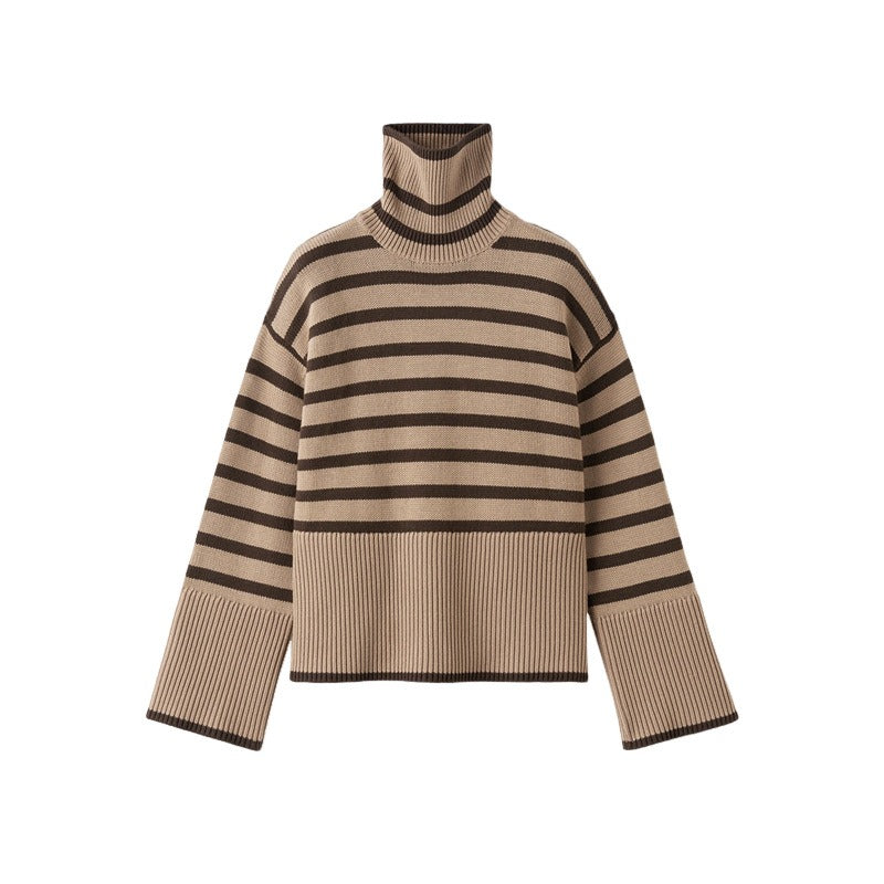 Versatile Knitting Turtleneck Striped Pullover Sweater For Women Long Sleeve Female Simplicity Clothing - Mammalook