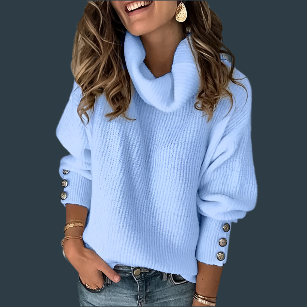 Women Turtleneck Sweaters Autumn Winter Elegant Solid High Collar Knitted Jumper Button Long Sleeve Loose Knitwear Pullovers
