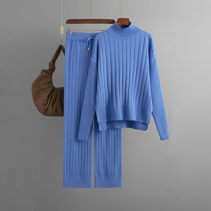 New Autumn and Winter Hollow Half Turtleneck Sweater Set Solid Color Loose Warm Pullover Two-piece Set - Mammalook