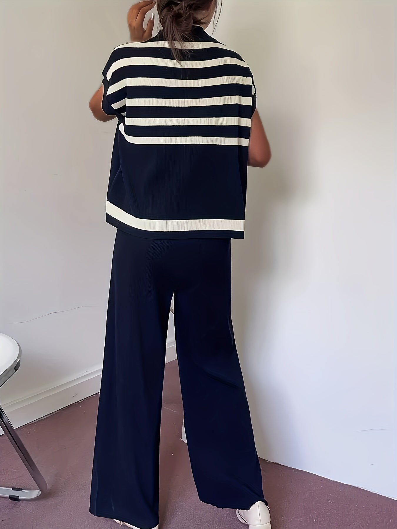 Striped Print Elegant Pantsuit for Women - Crew Neck, Micro Elasticity, Viscose Material, Wide Leg, Batwing Sleeve, Knit Fabric - Perfect for Spring and Summer Outfits - Mammalook