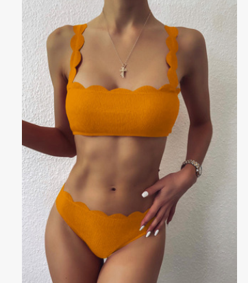 Swimsuits Scalloped Edge Swimwear Women Black Bandeau Bathing Suit Women Solid Biquini Beach Wear - Mammalook