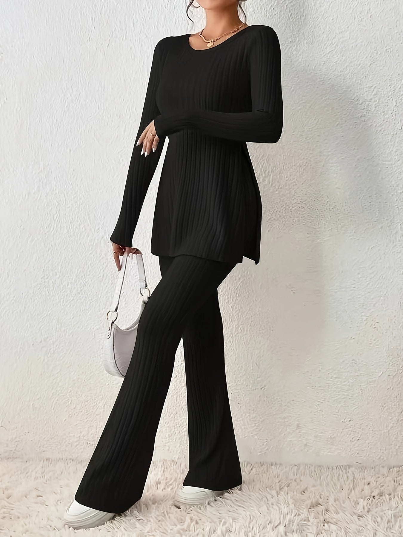 Ribbed Solid Two-piece Set, Split Crew Neck Long Sleeve Tops & Flared Leg Pants Outfits, Women's Clothing - Mammalook